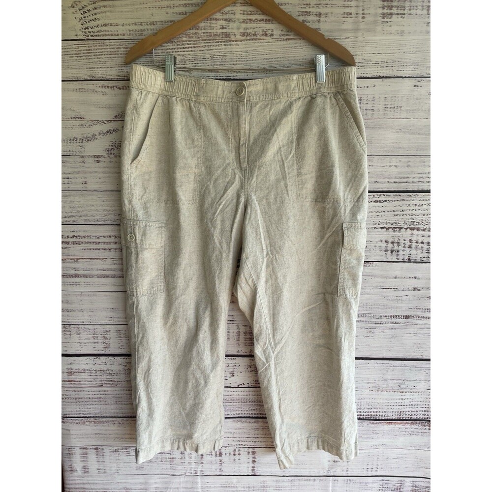 Talbots Women Cropped Pants Cargo 14 Beige Linen Cotton Straight Leg Pockets Zip